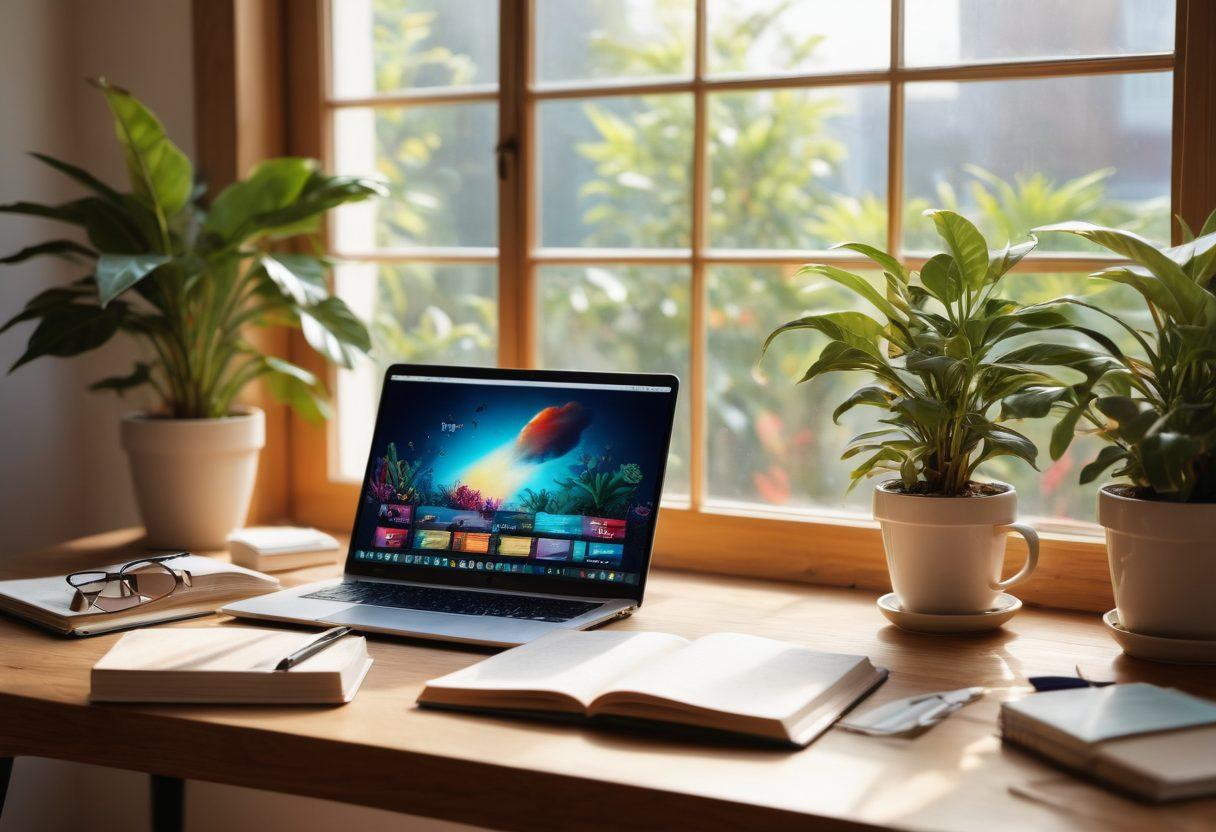 A cozy, inviting workspace featuring a laptop with a vibrant digital screen displaying a blog interface, surrounded by colorful books on self-publishing and community blogging. A steaming cup of coffee rests nearby, with a notepad filled with creative ideas. Soft sunlight filters through a window decorated with houseplants, symbolizing growth and knowledge. The atmosphere is warm and inspiring, emphasizing the theme of free knowledge and creativity. super-realistic. vibrant colors. soft natural light.