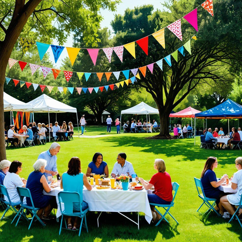 A bustling, colorful community gathering with diverse people sharing ideas, engaging in activities, and enjoying each other's company in a park setting. Bright banners with words like 'Collaboration', 'Creativity', and 'Community' flutter in the breeze, complemented by a vibrant flower garden. Visual elements like a picnic area, children playing, and artists painting in the background to convey a sense of unity and vibrancy. super-realistic. vibrant colors. white background.