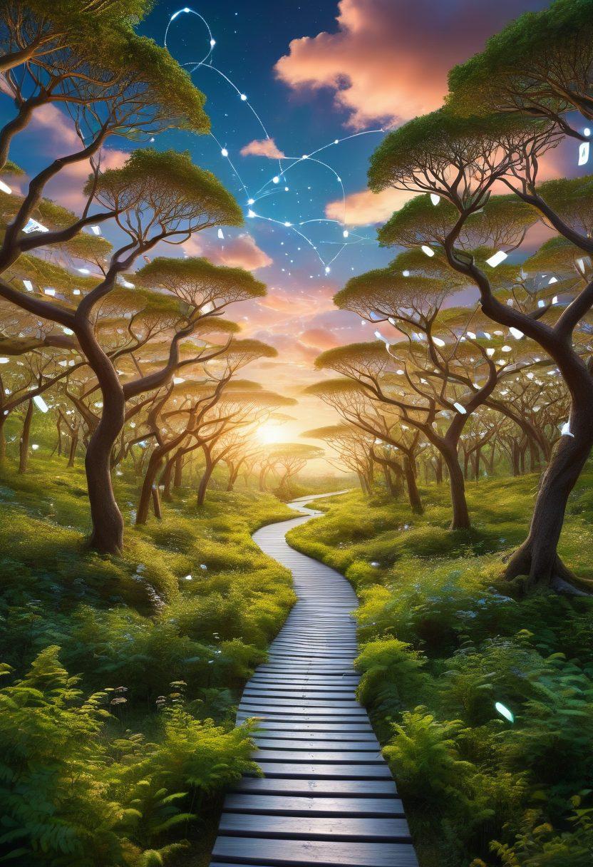 A serene landscape showing a winding path leading through a digital forest of glowing information nodes and floating data screens. Along the path, diverse people are interacting with their devices, sharing and accessing information with joy. The sky is bright with digital clouds symbolizing the endless possibilities of free information. Elements like books, smartphones, and social media icons are subtly integrated into the scenery. vibrant colors. 3D.